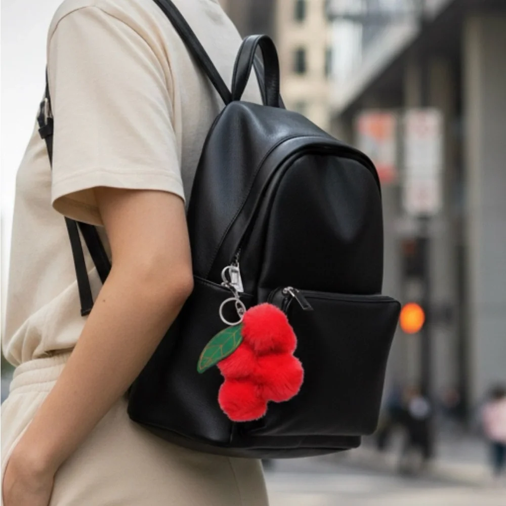 Vibrant Red Cherry Pom Pom Keychain